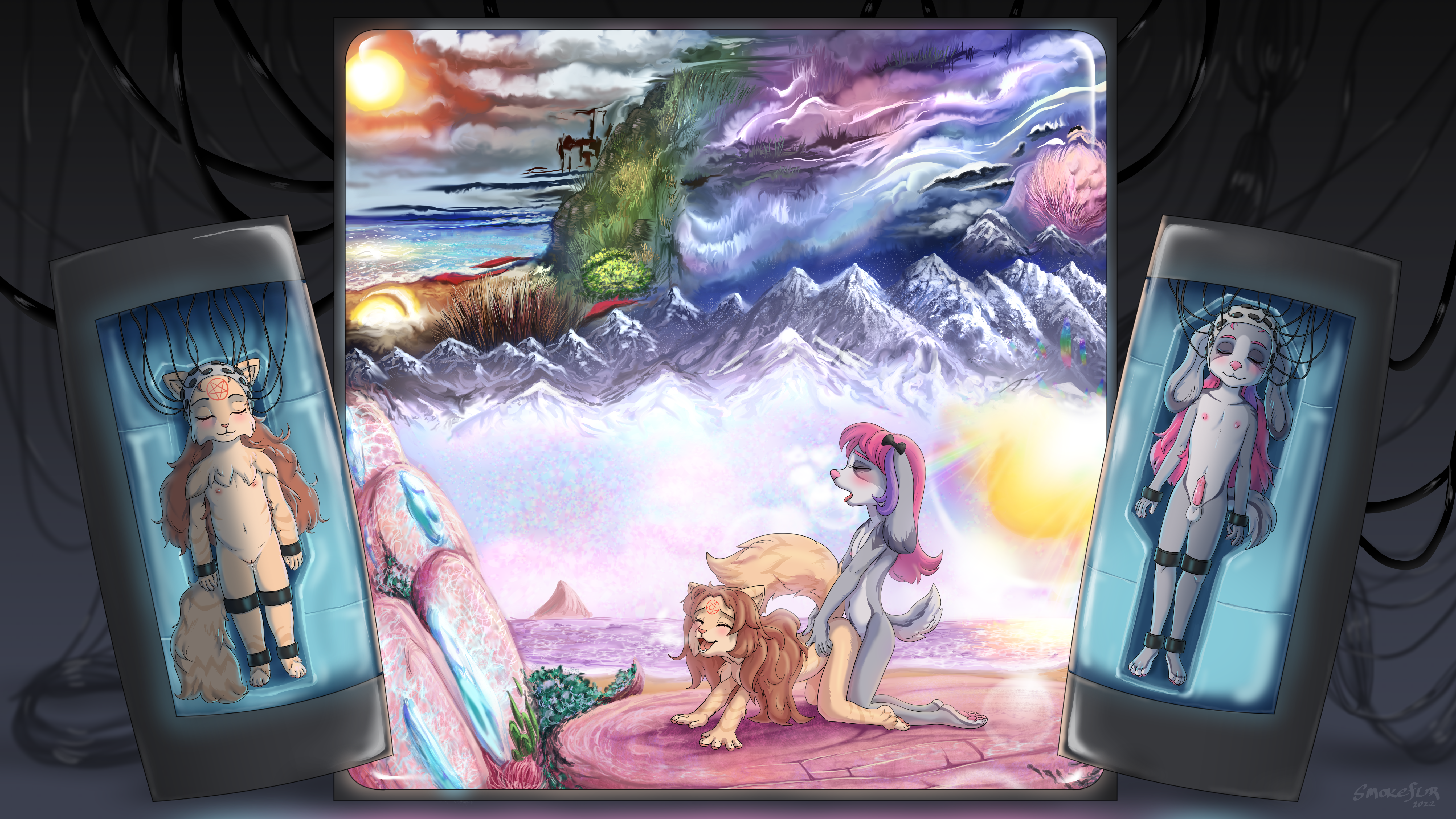Two underage furries are having consensual sex inside a simulated reality world.