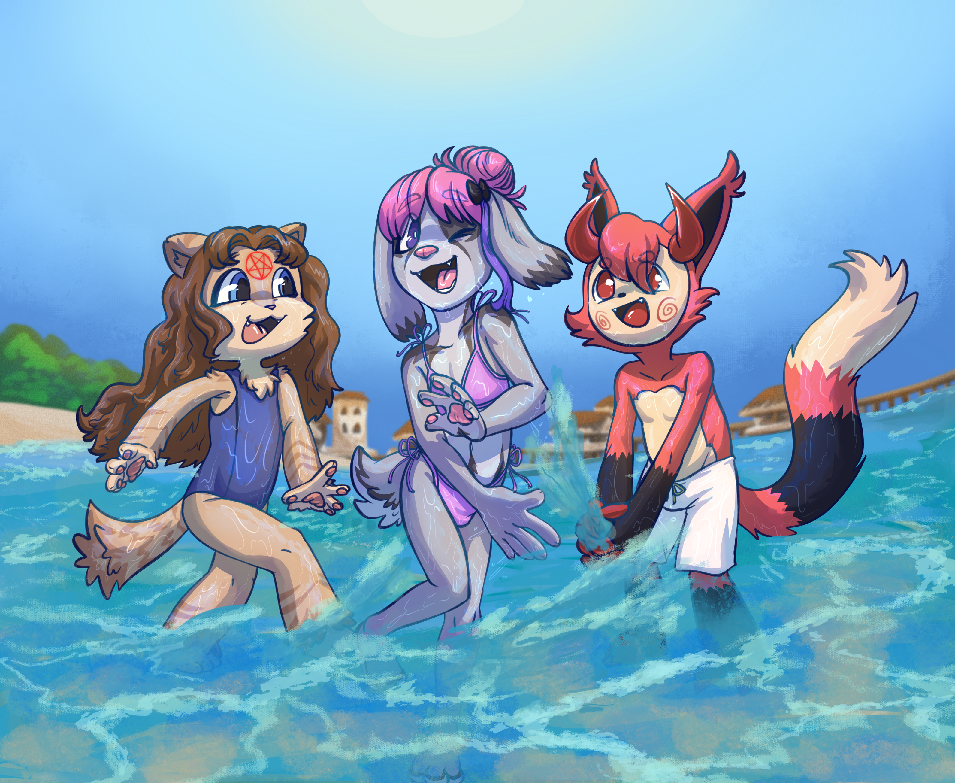 Three underage furries playing at a beach.