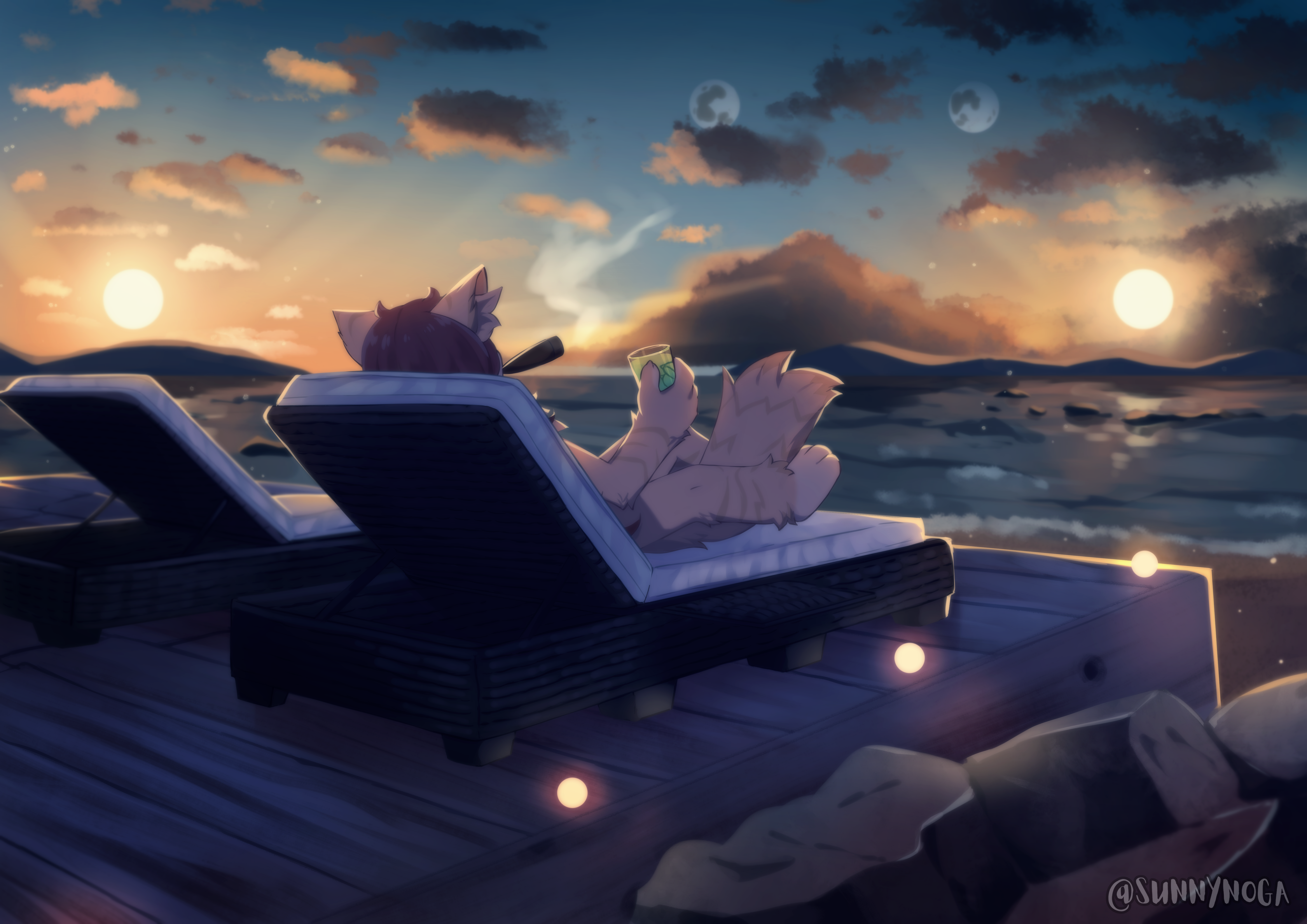 Underage furry smoking a cigar and enjoying the look of 2 suns and 2 moons, some or all of which have been artificially created for unknown reasons.