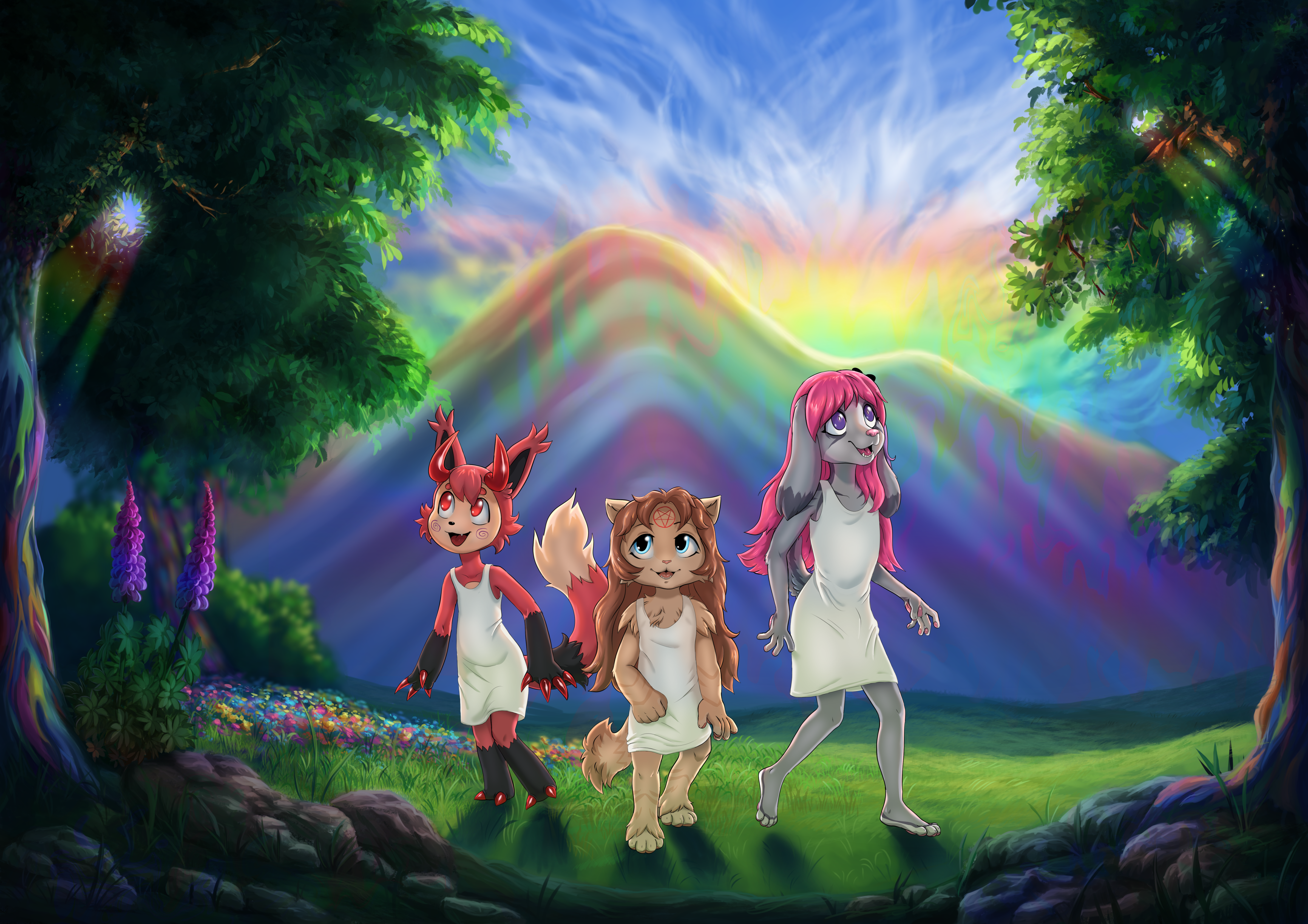 Three underage furries marveling at the rainbow environment that was created by CERN.