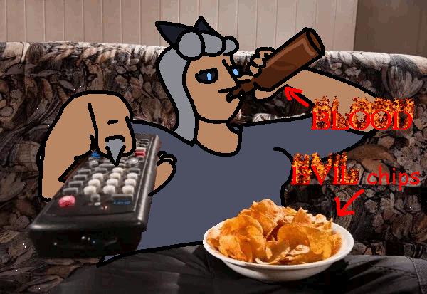 foxgirl drinking BLOOD and eating EVIL chips watching tv