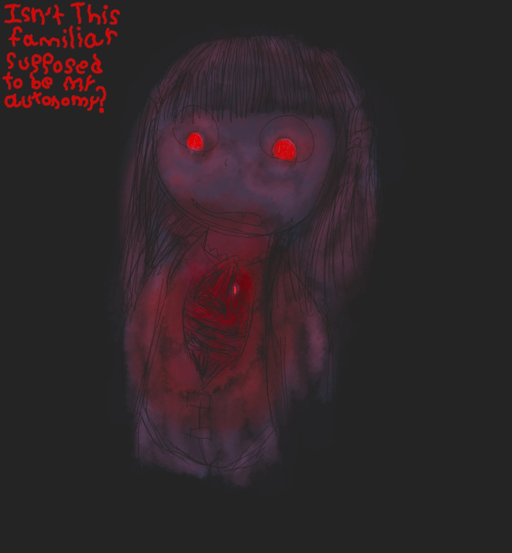a loli vampire sketch.her chest is gaping open and where a heart should be there is a small dragon? its glowing and is giving off a red light. the girl, Bonnet, eyes are also glowing. she has long hair down to her upper back. her expression isnt pained, its confused, perhaps even embarrassed 
the text says: isn't this familiar supposed to be my autonomy?
