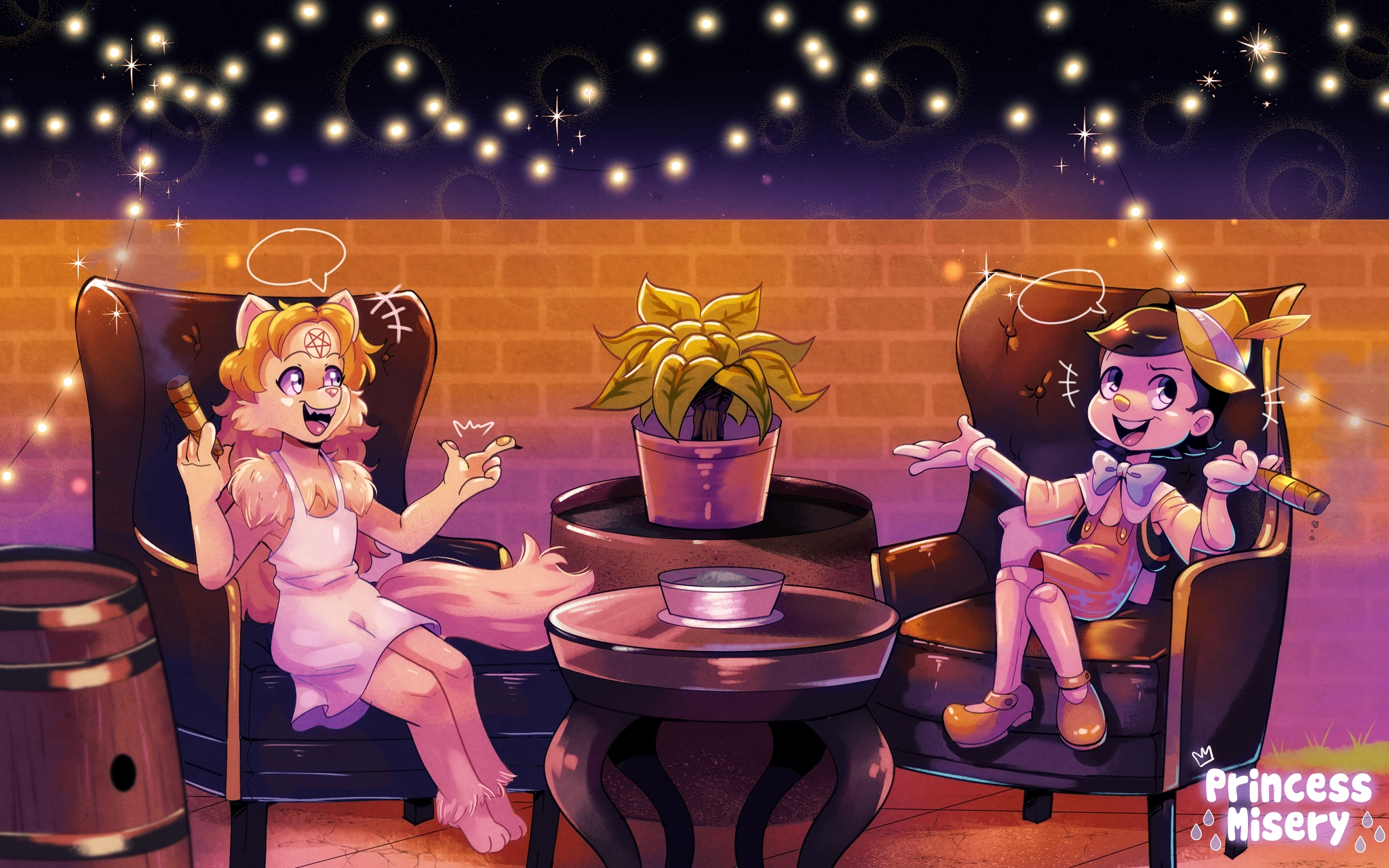 Underage furry speaking with Pinocchio while both smoke cigars.