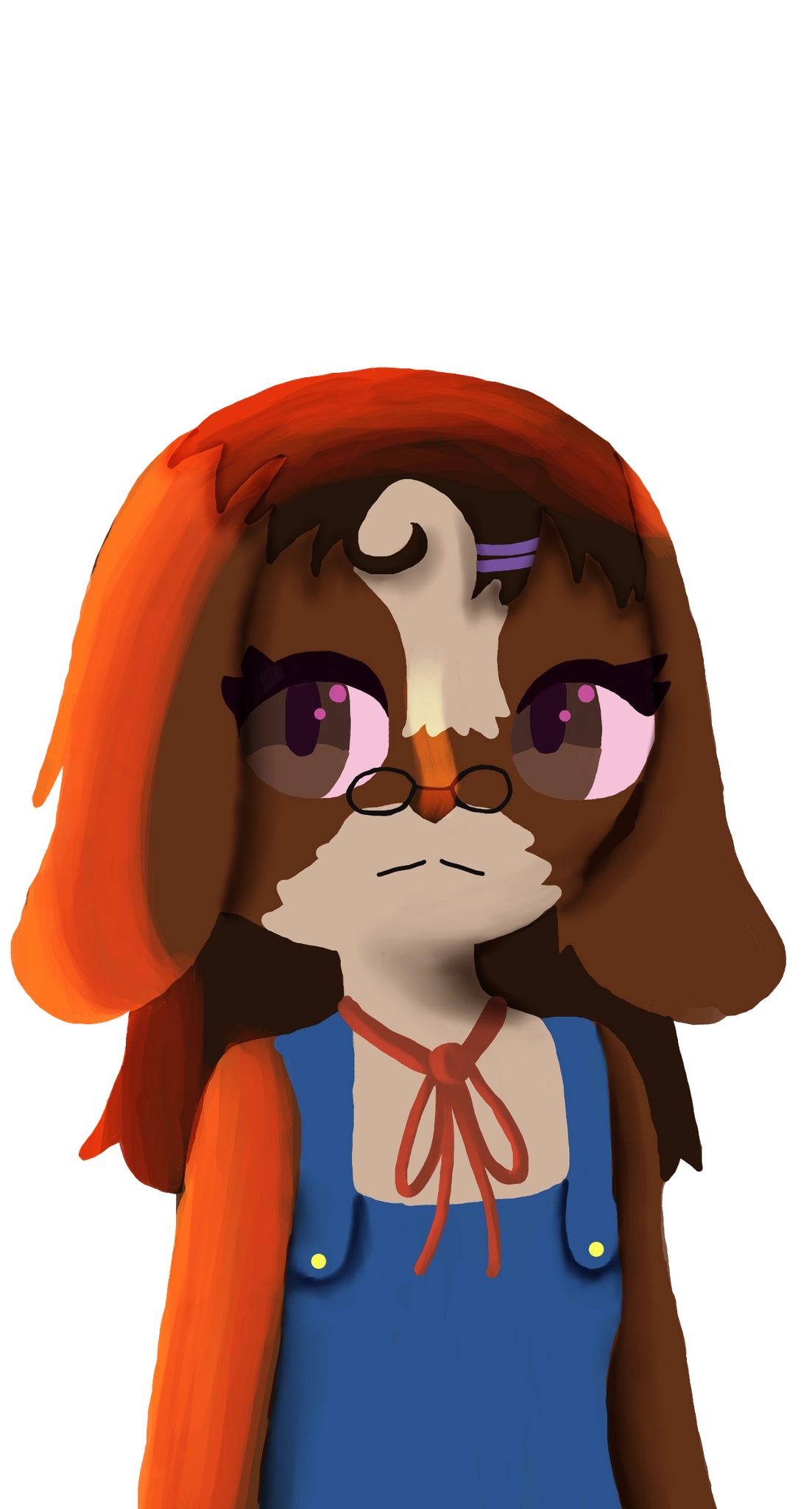 Dog girl wearing blue overalls.