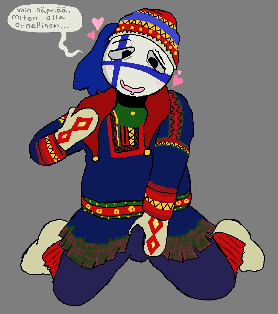 an anthropomorphized version of "Finland" who is adorned in gákti, the traditional clothes of the Sámi. they are pushing away the collar of their jacket, and groping their erection through their clothing while looking hungrily at the viewer. there is a speech bubble in Finnish, that translates to: "I'll show you how to be happy..."