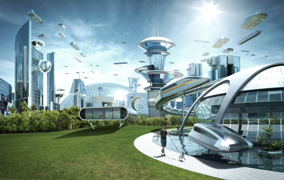 image of a futuristic utopia, with flying cars all over the place and smooth chrome buildings. also there's a guy walking a robot dog, i never noticed that in this meme image until just now