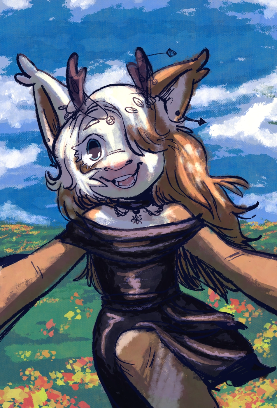 Underage furry in a flower field.