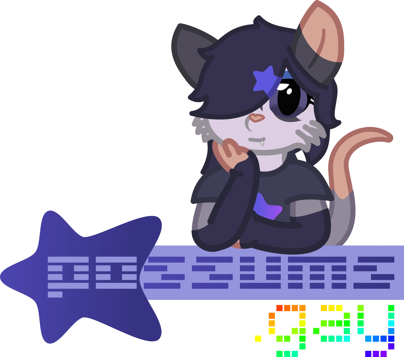 stylized logo saying "possums.gay", with the "possums" made with various lines, and ".gay" made with rainbowy-pixels. there's a prominent stretched out star at the start of "possums".
above the logo is the possum mascot mika, a possum with very dark-blue hair covering one of her eyes. she's posed with one of her arms propping her head up, leaning onto the text below her.