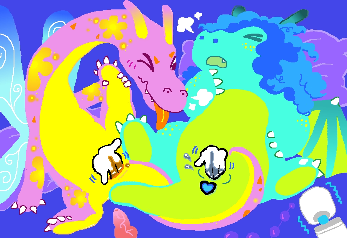 the same drawing as previously described, except now the pink dragon has an eye squeezed shut and her orange tongue is stuck out while she is being fingered by a disembodied gloved hand, with juice coating the fingers. her friend to the side of her has their eyes squeezed shut and has an open mouth, huffing, as they are being fingered by three fingers of a disembodied gloved hand. they also have a blue heart butt plug inserted. 