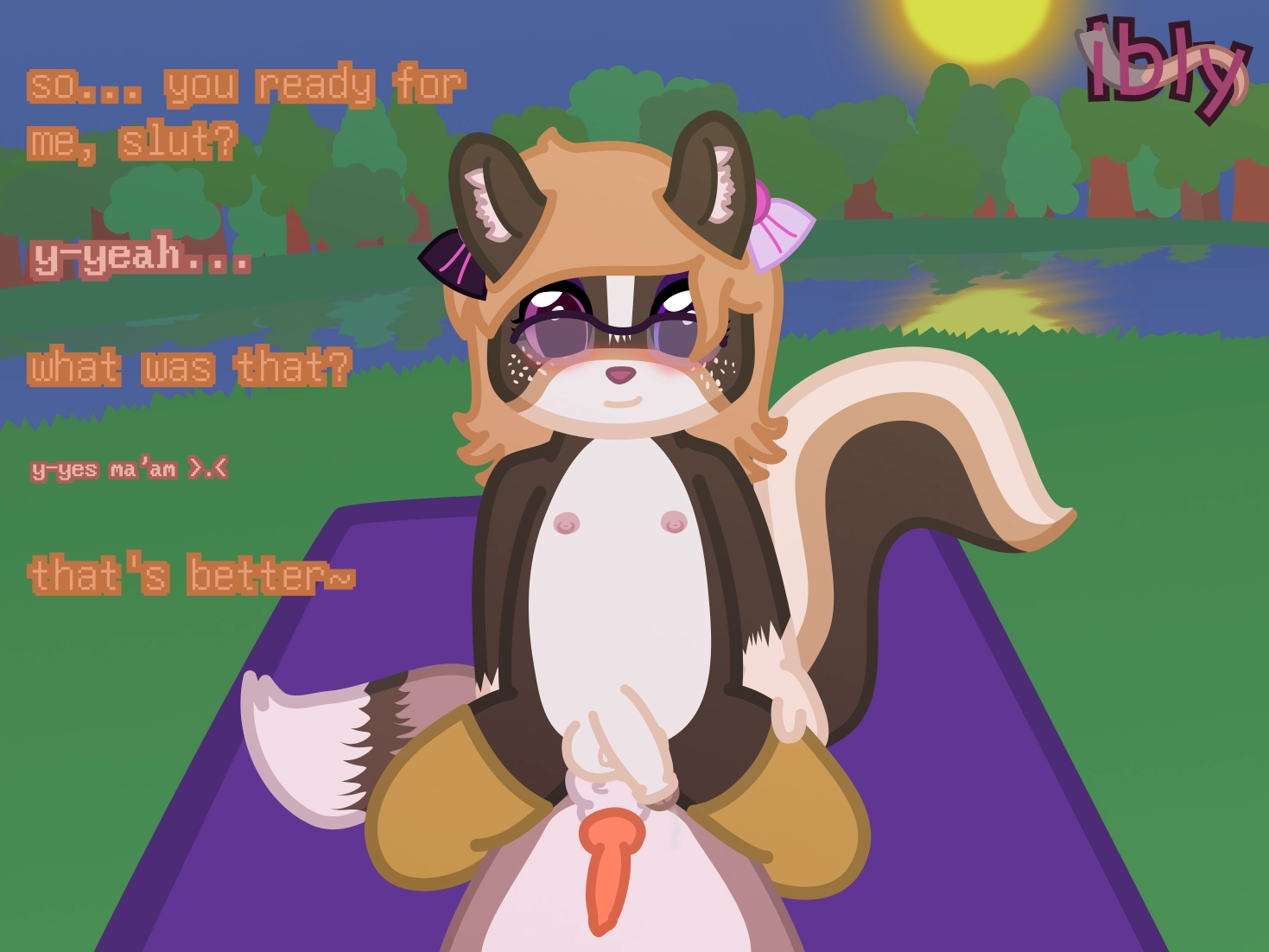a skunk cub with blonde hair and gold thigh-highs is sitting her balls ontop of a deerfox down below her, both of their cocks erect. dialogue on the left says (starting with the skunk): 
- "so... you ready for me, slut?"
- "y-yeah..." 
- "what was that?" 
- "y-yes ma'am >.<" 
- "that's better~"