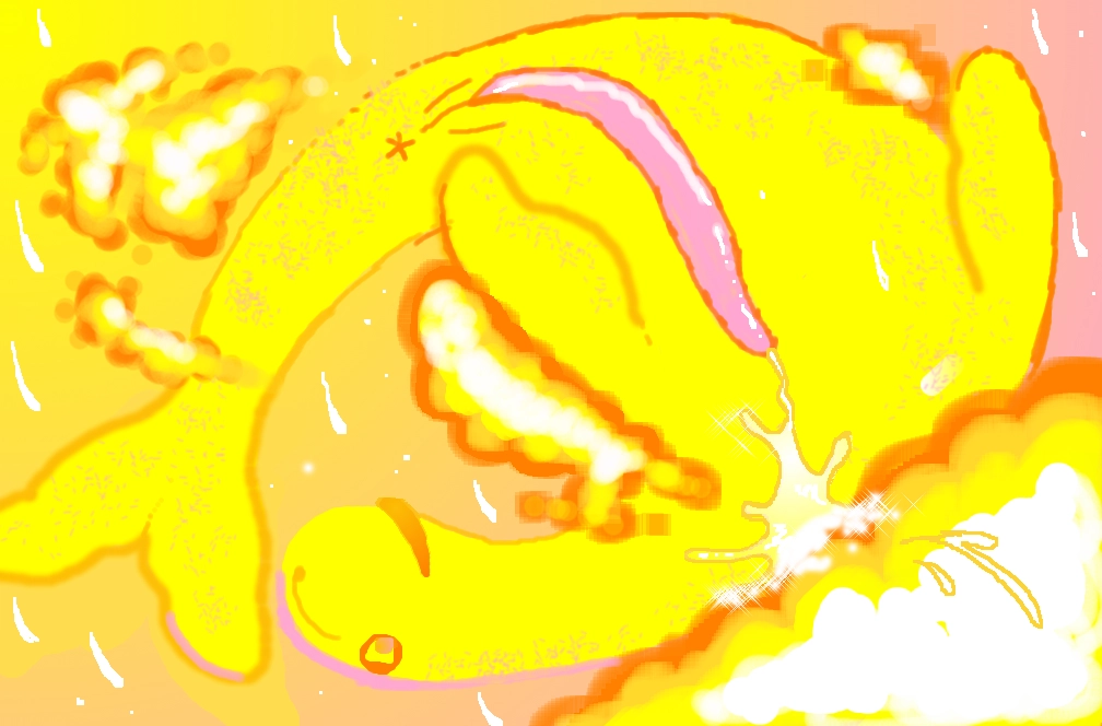 a bright scene taking place in a sunshower. a yellow, freckled dinosaur-like creature with a long neck, fins, and a finned tail is gliding upside down in the clouds, under the sunny rain. there are a few clouds surrounding them, and their very long reptilian penis is unsheathed and urinating down their neck into a cloud below. they have a calm, open-mouthed smile.