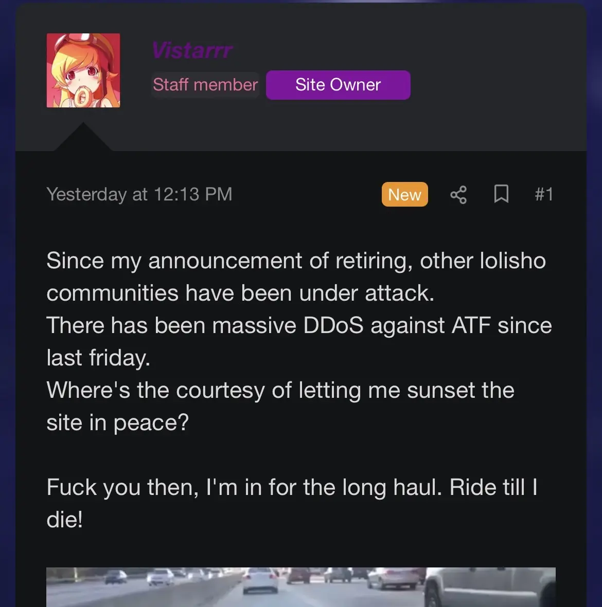 Vistarrr -
Staff member Site Owner
3/24/2026 at 12:13 PM

Since my announcement of retiring, other lolisho communities have been under attack.
There has been massive DDoS against ATF since last friday.
Where's the courtesy of letting me sunset the site in peace?

Fuck you then, I'm in for the long haul. Ride till I die!