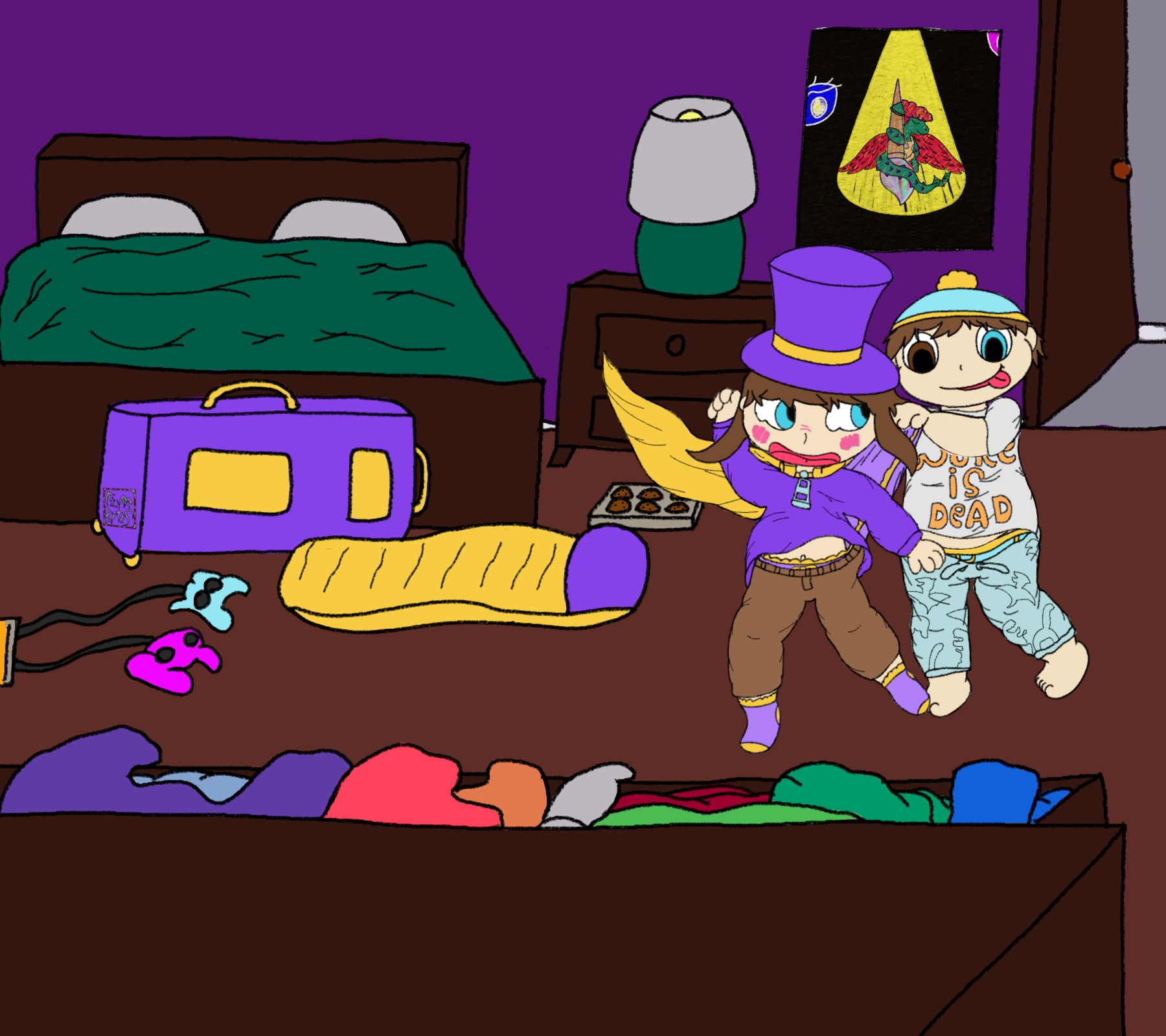 Hat Kid from a Hat in TIme getting a wedgie from Eric Cartman in Cartman's room. Cartman is wearing his famous "woke is dead" shirt and some pajama bottoms.
Hat kid is in their normal outfit but they arent wearing shoes. their Underwear is yellow and Purple of course. it seems obvious the two are having a sleepover. there is even a suitcase and sleeping bag next to Eric's bed which is the same color as Hat kids clothes (yellow and purple), controllers on the floor and a pan of chocolate chip cookies.