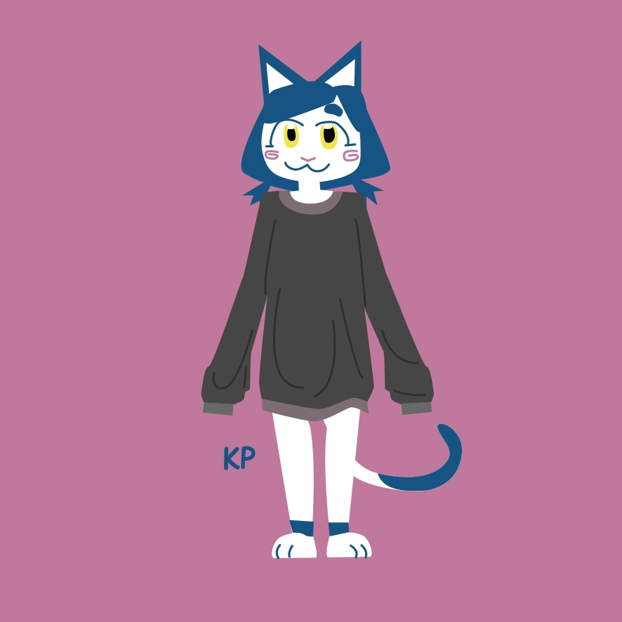 blue and white kitten in baggy gray sweater with sleeves so long they cover her hands. she isn't wearing pants but the sweater is long enough that it covers her crotch