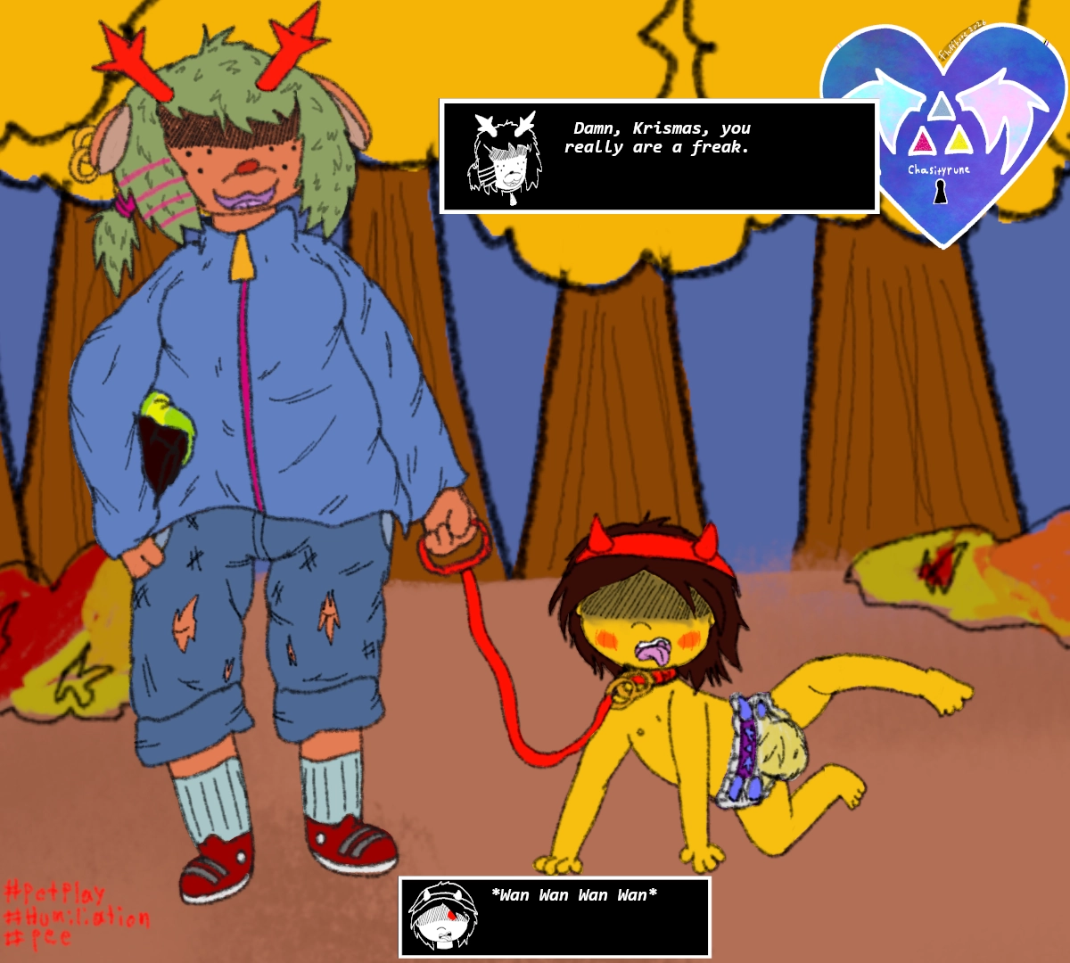 Dess and Kris at the park. Kris is getting walkies and making tinkles, with their leg in the air like a proper puppy its a fun time all around. Dess holds the leash lovingly? Dess:Damn, Krismas, you really are a freak. Kris: *wan wan wan wan*

Kris is wearing only a diaper their headband and the collar and leash. the diaper tanks their piss like a champ. growing yellow.