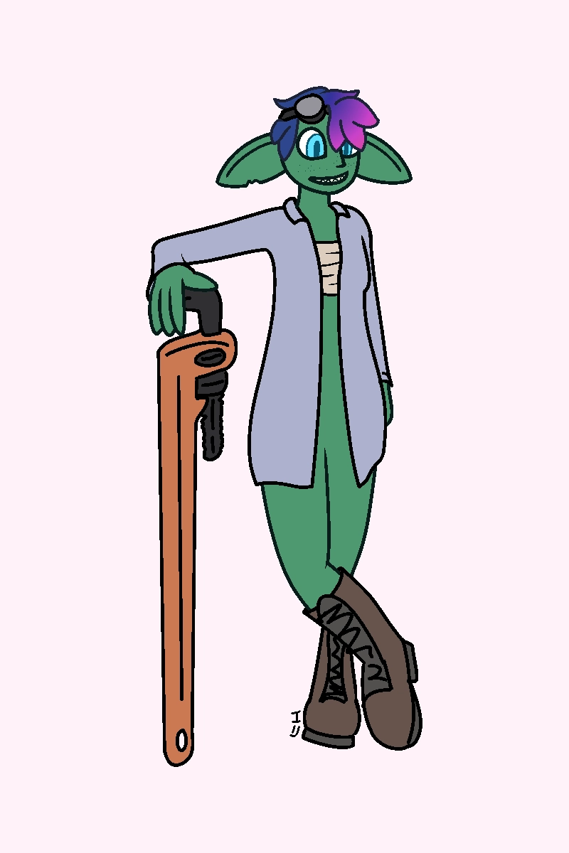 blue-haired goblin wearing goggles, a long denim jacket, work boots, and leaning on a large wrench.