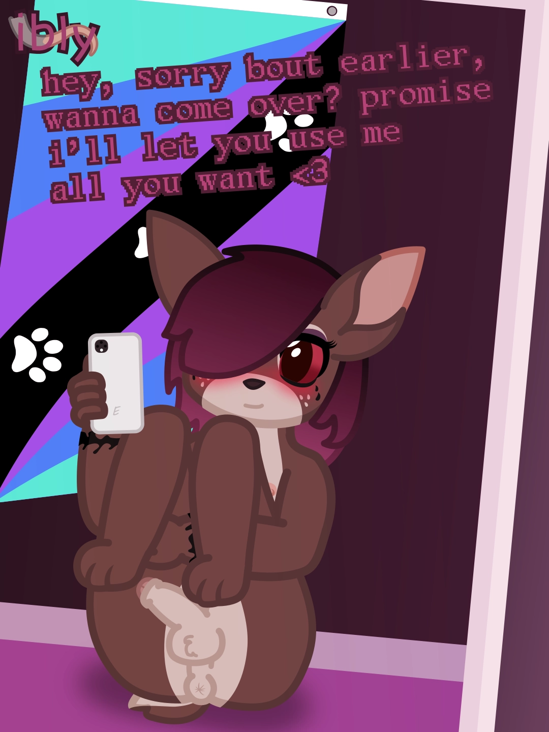 a cute goth/emo deer girl is showing off her butt in the mirror, phone in one paw, with text above saying "hey, sorry bout earlier, wanna come over? promise i'll let you use me all you want <3"; behind her is a flag with various shades of blue and purple, with paw prints running down a diagonal stripe of black