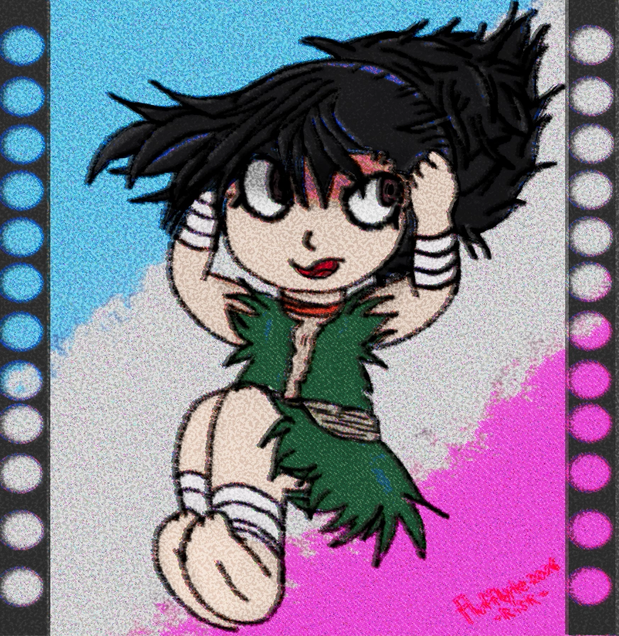 Pride Image of Dororo from His self titled anime. He's in front of a trans flag with a filmreel edges along the boarders
he's holding his hands to his head and looking curious. this is a redraw of a iconic pose he's been sometimes drawn in