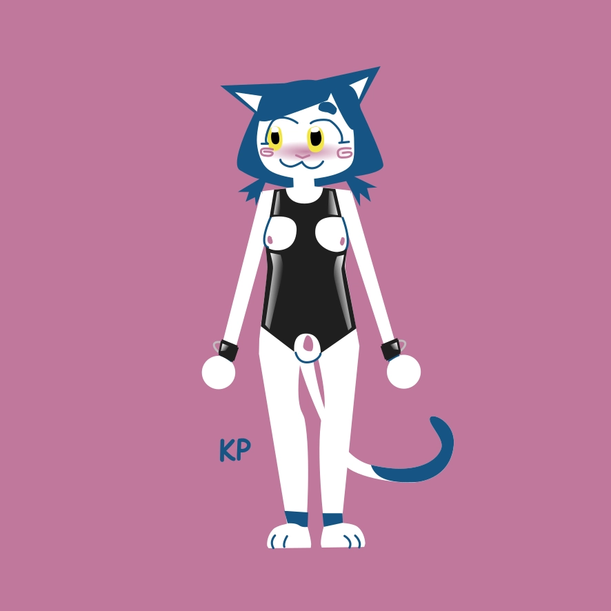 blue and white kitten in latex leotard with boob and crotch openings and matching wrist cuffs
