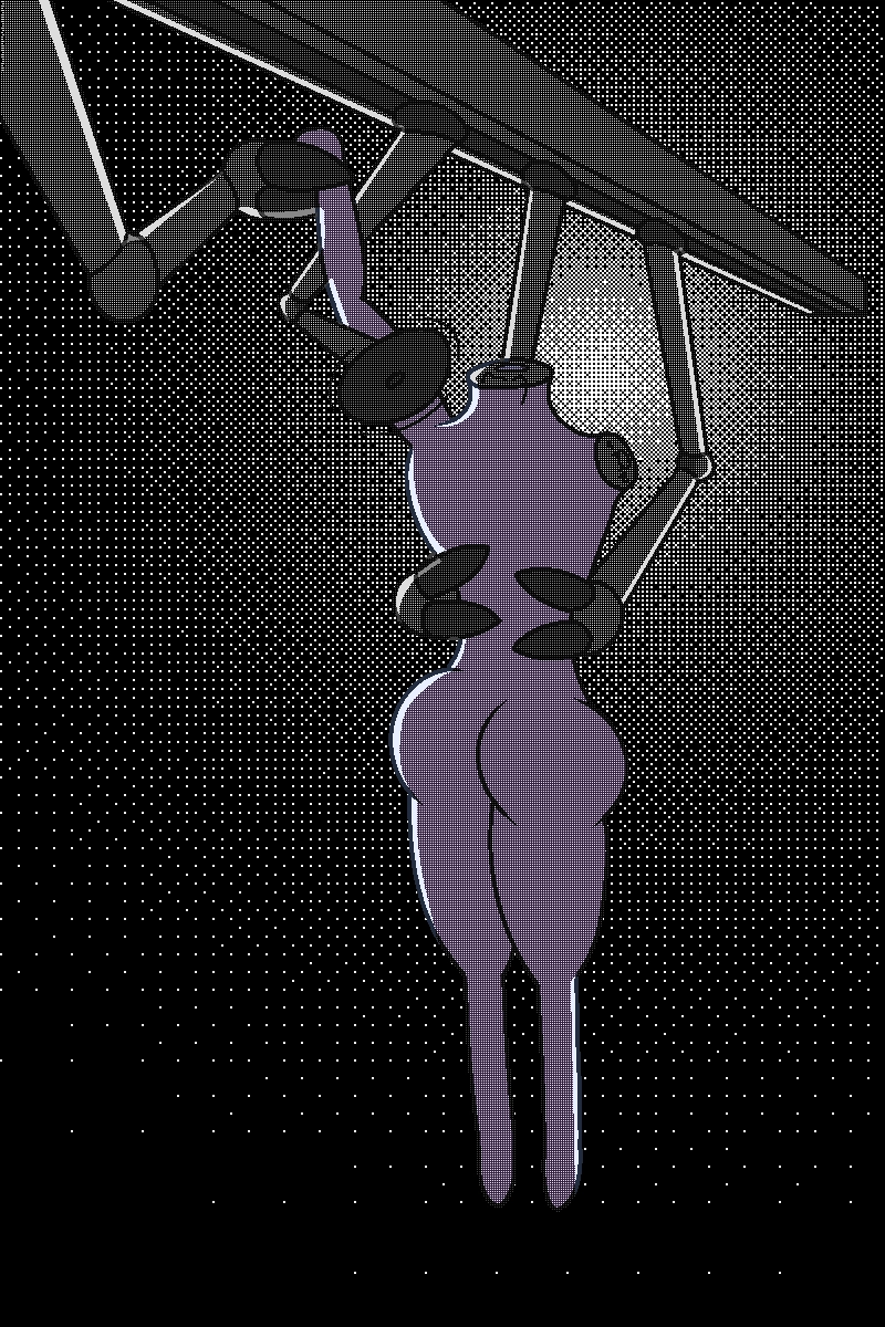 A robot with a feminine form is held by robotic arms attached to a ceiling rail. The feminine robot's head and left arm have been removed, the right arm about to be cut off by a saw mounted to a similarly rail-mounted robotic arm.