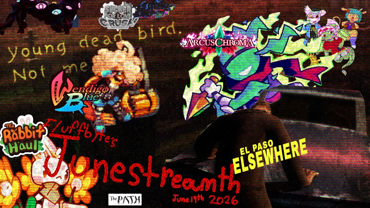 A photobased poster advertising Fluffbyte's Junestreamth
its a brownscale graveyard filled with cartoon and video game characters. Some of the Fluffbytes are in the righthand corner and an abstracted {hyperlink blocked} is walking around the lefthand corner. but the rest of those standing in the graveyard are The main character of El Paso elsewhere leaning for stablity against his car, while a cartoon ninja from Arcus Chroma is in mid run past it with a hand gripping a kunai, A stylish girl with huge curly hair from Wendigo Blue is leaned over looking in the direction of the ninja. In the left corner an antrhobunny is standing guard of some flowers, she's from The Rabbit Haul.
In the background the eldritch monstergirl from Sucker for love looks like she's being chased by the abstraction.
logos for all the games are by they're respective representive character, except for the path. The Path's logo is just hanging towards the bottom. Mostly because we didnt feel we could fit any more characters, though we probably could have put a girl in the backseat of the car. truth be told the background is actually from The Path.
Three Fluffs are in the corner of the image: Scribblebyte the Dragonfruit Scion,Mocabyte the Doecow, and Fantasia the Lynx?Bobcat? (Lombax). all three look like they are reacting to the ninja.
also there is text in the background (from the game screenshot) that says "Young Dead Bird. Not me"