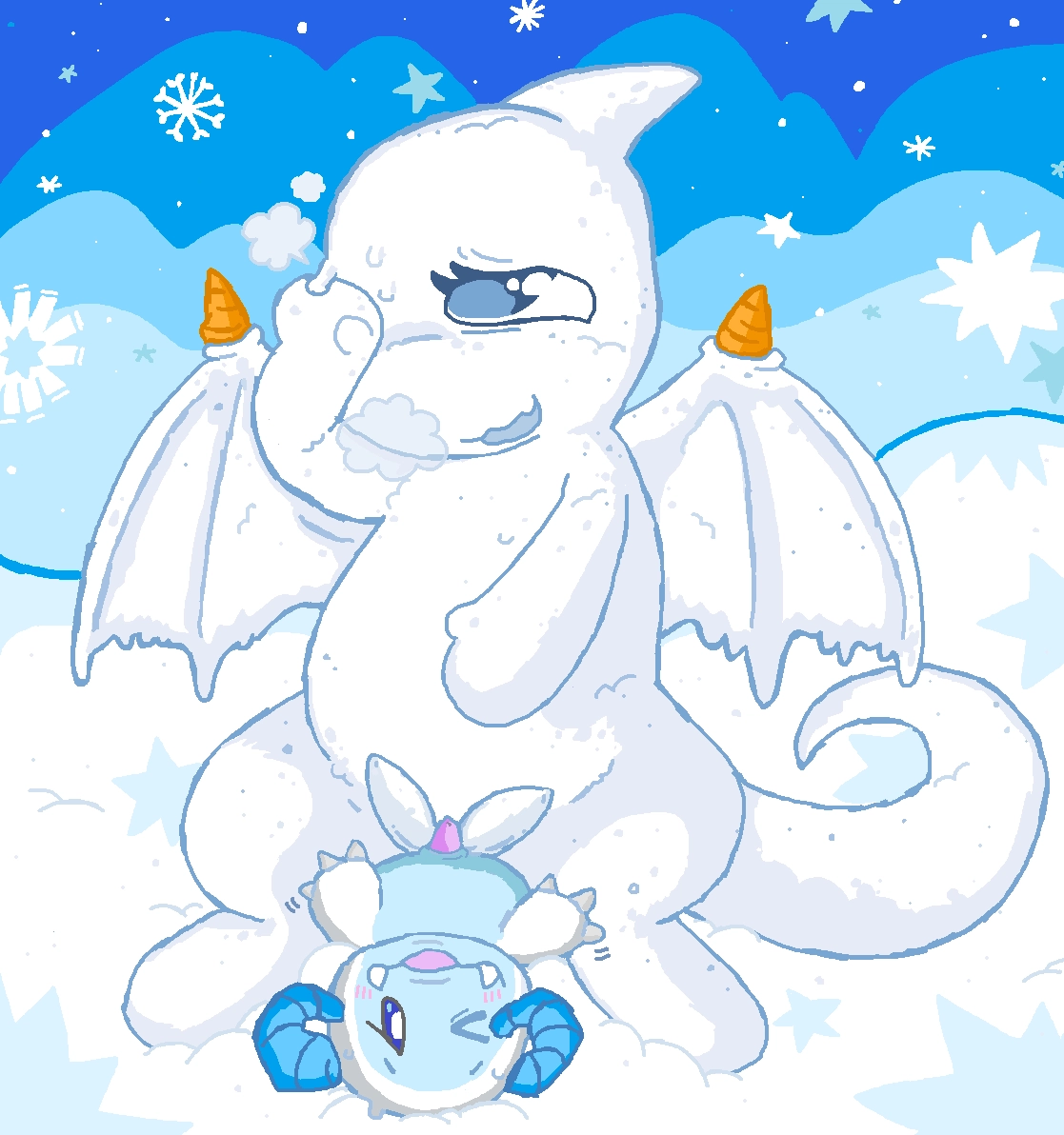 a snow shoyru, who is wiping their snowy sweat from their snout as they pant, with visible breathes, rubbing their hemipenes on their snuffly petpet, who is wiggling their little paws and has a little, pink hard-on rubbing against their shoyru owner. the snuffly has an embarrassed expression. behind them are mountains of snow, with snowflakes falling to the ground beneath them.