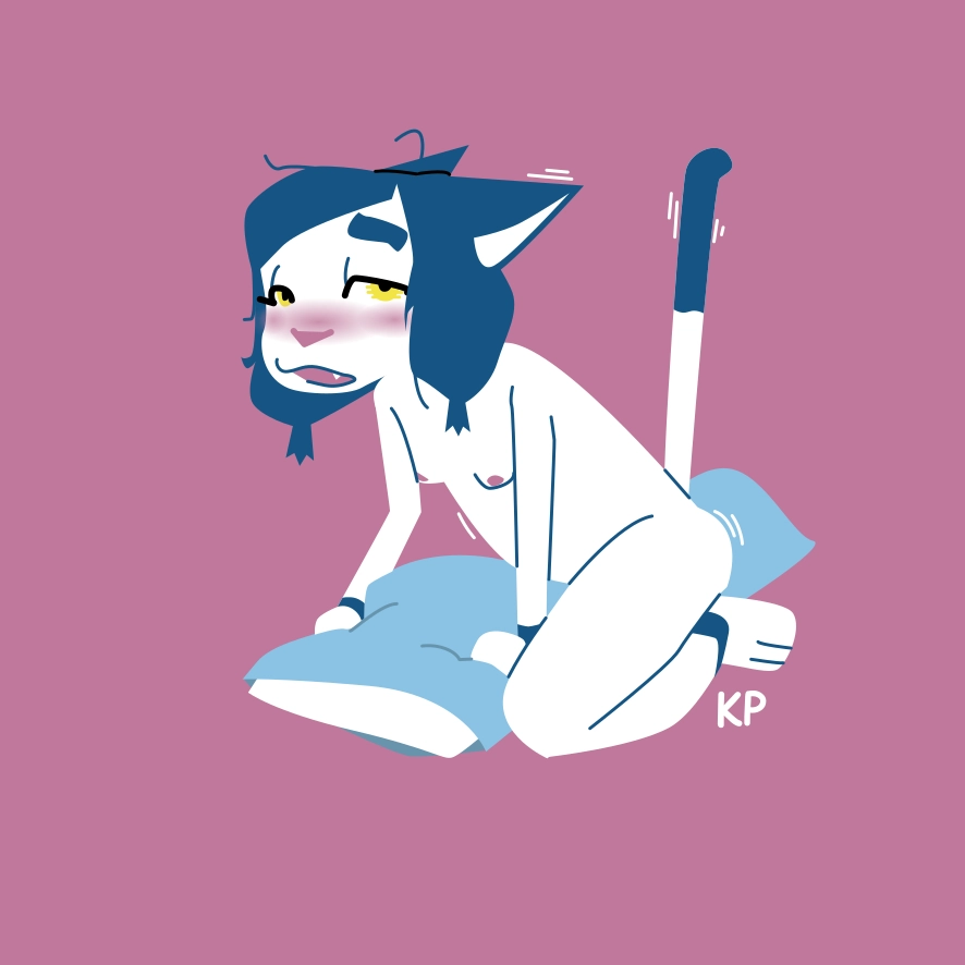 blue and white kitten humping a pillow. she's blushing and looks a little out of it