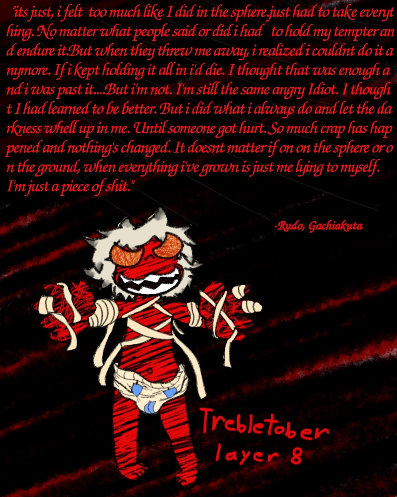 Rudo from Gachiakuta in cursed/demon form (the as far as i know in the anime metaphorical glimpse into Rudo's trauma and maladaptive behavior) in a flimsy medical diaper and loose bandages reaching towards the viewer with an open mouth smile showing off his razor sharp teeth