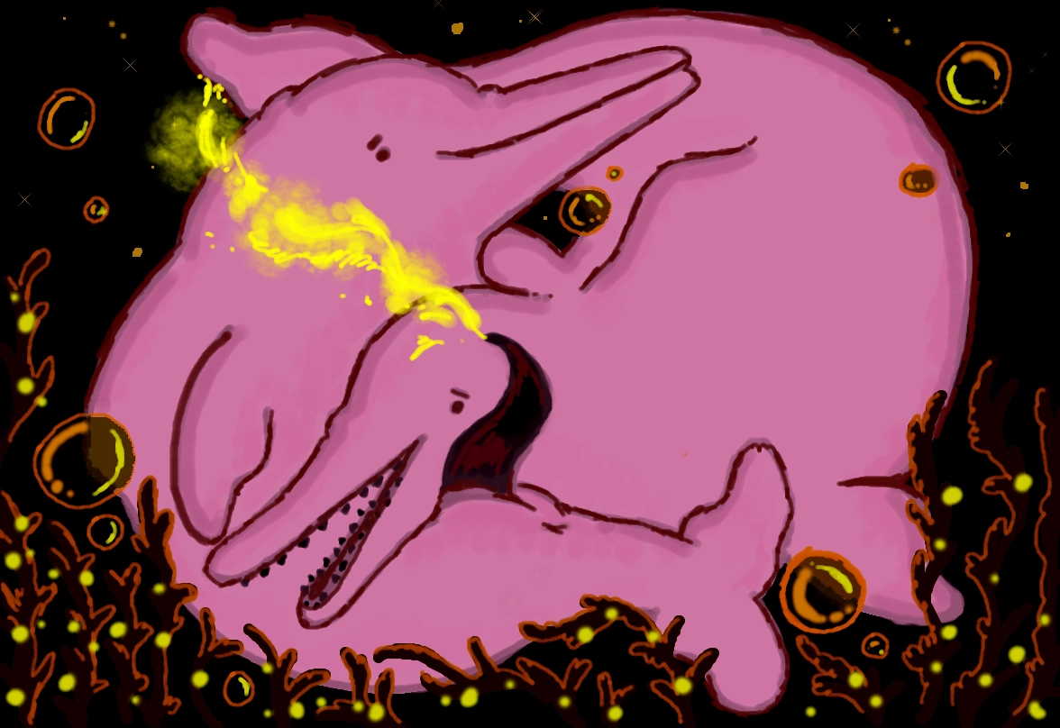 a very dark scene of two pink river dolphins. one has their mouth slightly open, with their cheek resting on the other dolphin's penis, which is spurting glowing, yellow urine. the erect dolphin is curled against the other dolphin's face. there are bubbles, kelp, and orbs all around, but mostly underneath the two.
