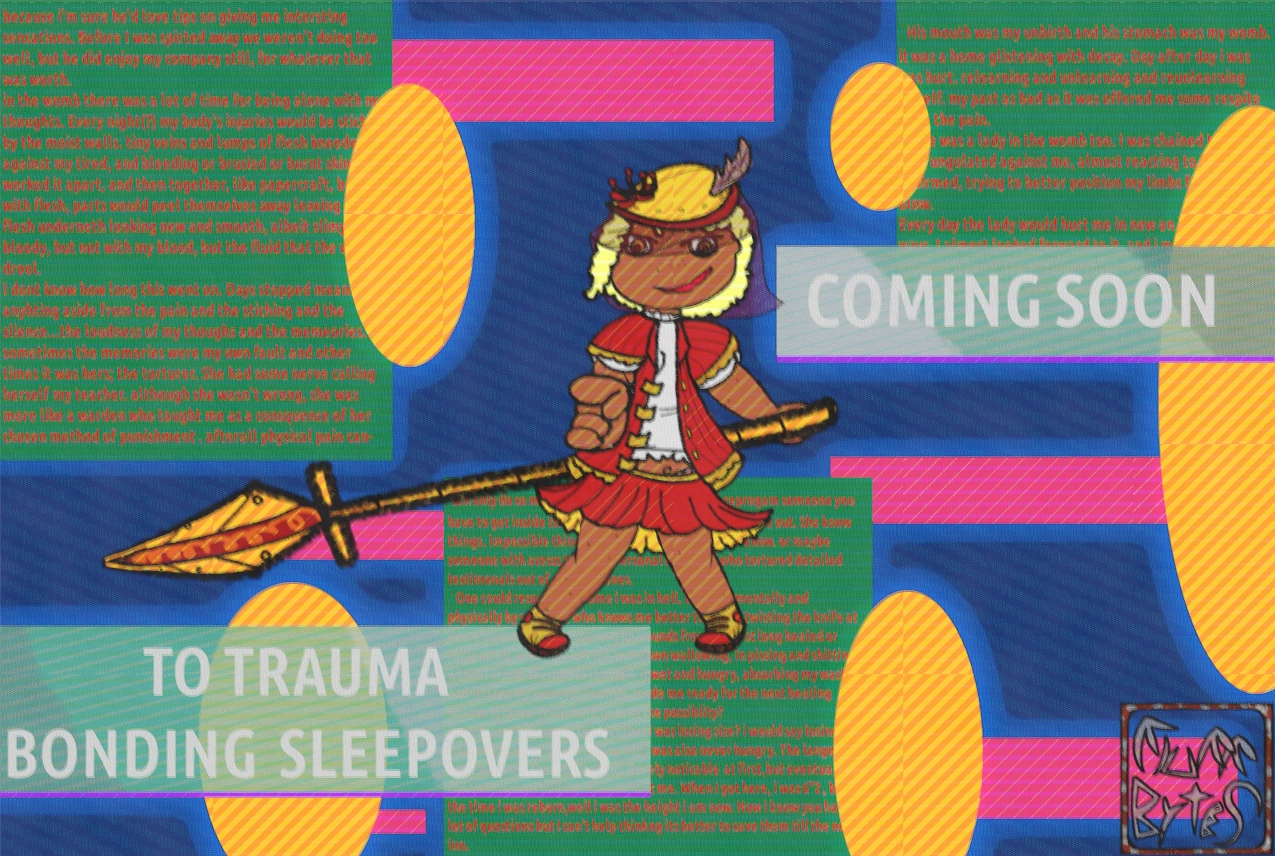 A black loli in a red and gold trim outfit. a tricone hat with a red veil and a feather shaped bone sticking out. a red jacket thats open with a offwhite blouse underneath. a red pleated skirt with a gold undertrim. a pair of flat athletic sneakers. she's holding a huge fucking mostly gold spear with a spring in it and pogo stick footholds. her outfit is reminiscent of  a oldschool movie theater worker or hotel bellhop, but as a Victorian magical girl? she has a somewhat smug expression, with a wavvey mouth betraying a imperfect bravado. the background looks like a "coming soon to dvd" advert from the 90s,but instead it says "coming soon to trauma bonding sleepovers" 
this version has scanlines ,a bit of a 90s style blur effect and weathering to make it look like it might be printed on some cardboard