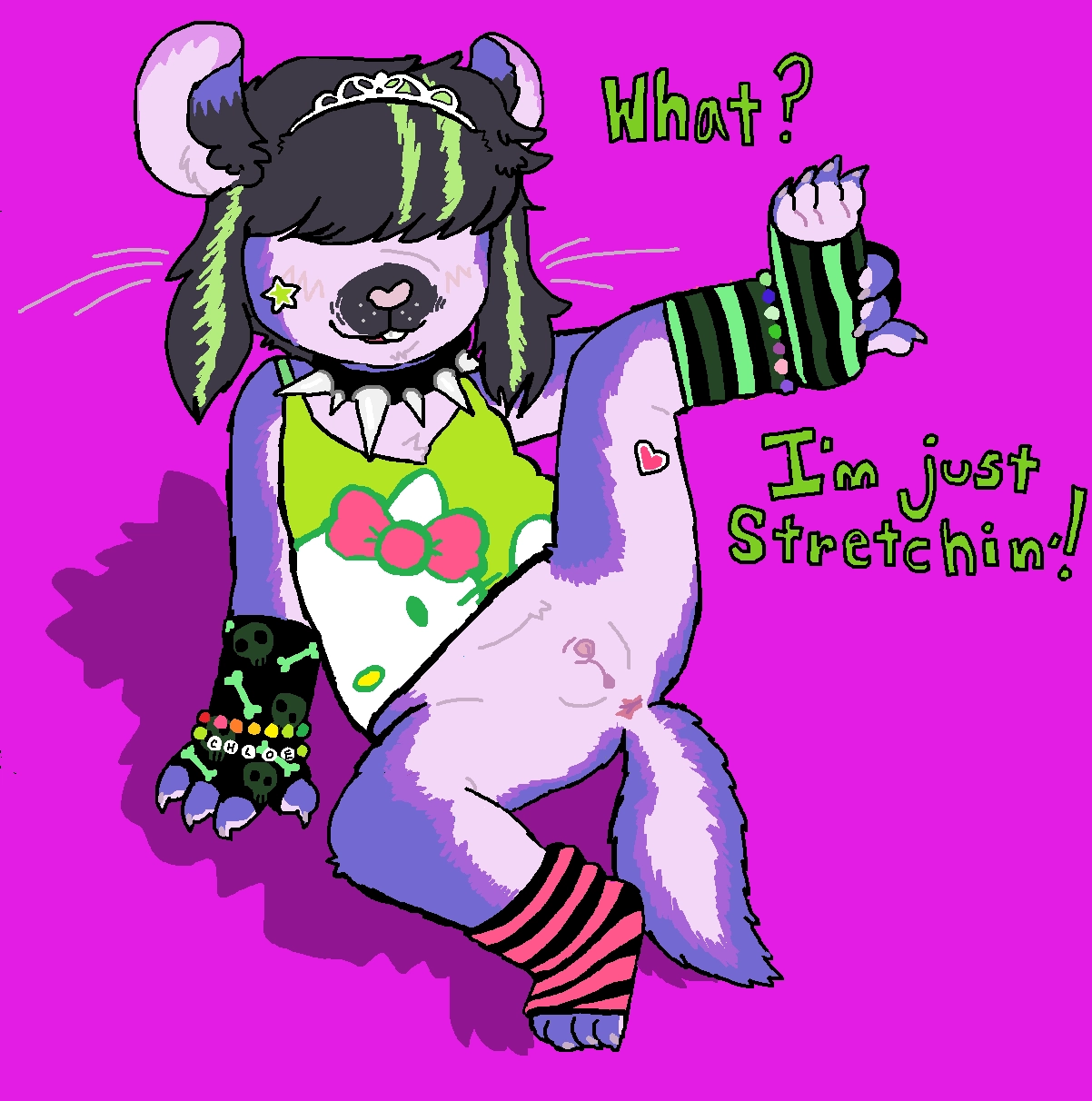 an mspaint drawing.

in front of a hot pink background, is a purple chinchilla loli, who is decorated in common scene fashion like colorful, striped, arm & leg warmers, a hello kitty tank top, spiked color, kandi bracelets, tiara, and a sticker on her cheek and thigh. 

her hair, which has some green highlights covers her eyes & she smiles while lifting her leg in the air, which is held up by her paw and the other is to the ground while she cheekily exposes her vulva & butthole.

green text to the right of her reads: "What? I'm just stretchin'!"