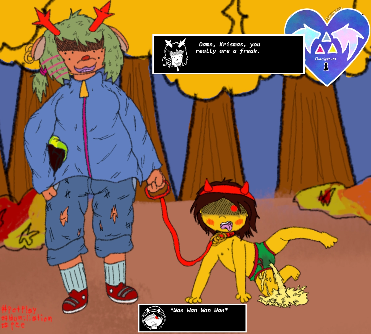 Dess and Kris at the park. Kris is getting walkies and making tinkles, with their leg in the air like a proper puppy its a fun time all around. Dess holds the leash lovingly? Dess:Damn, Krismas, you really are a freak. Kris: *wan wan wan wan*

Kris is wearing their red headband and red and green briefs. they are pissing thru them. its running down their leg as well as spraying out onto the ground