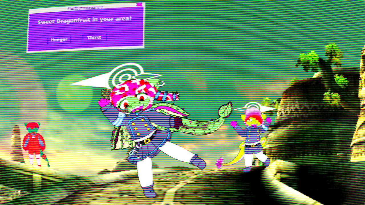 a flase desktop popup depictiung various dragonfruit themed furries along a landscape, the art of the furries is superimposed on a videogame screenshot from dot hack fragment. two dragonfruit is waving at the viewer, the other is staring down into the clouds. the structure they are all in is a village above the clouds. there is a pop up box announcing a stream with "sweet dragonfruit in your area". this post is not a stream announcement, but it is cute.