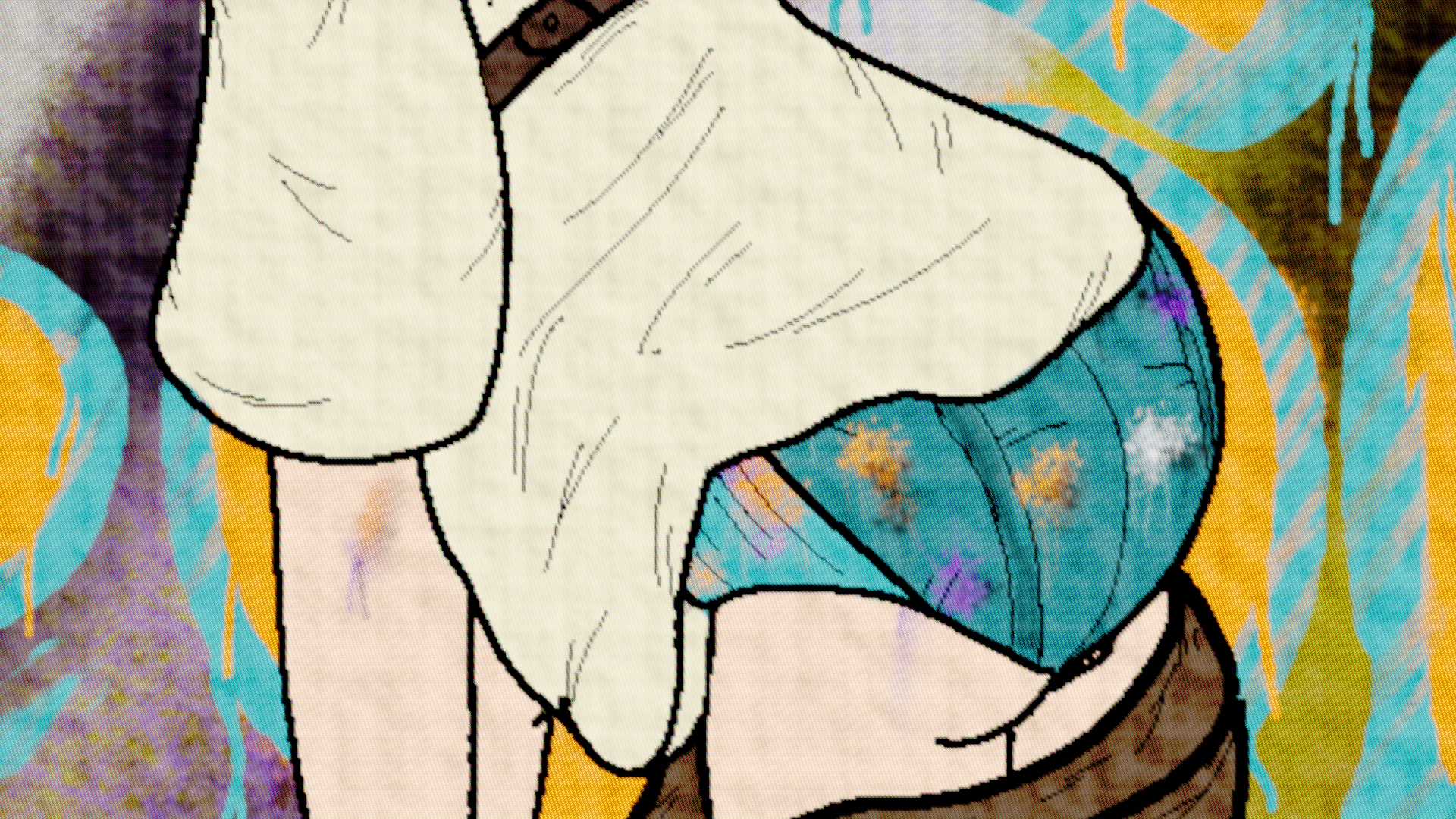 Remlin Tysark, Loli/sho character from Gachiakuta amd debated enby, putting back on their clothes after tagging a wall. Their skin and underwear style diaper is smeared all over with paint.