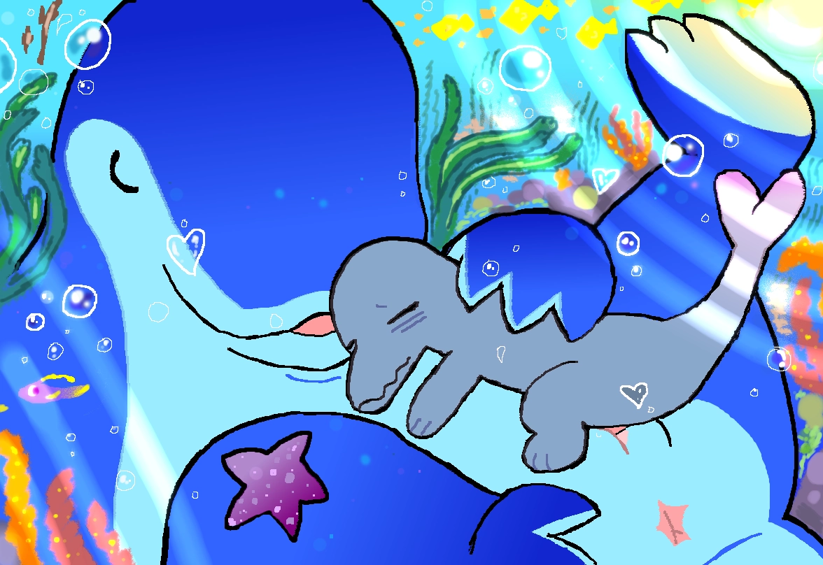 a tuxpaint drawing.

a big, blue adult whale or fish-like animal is floating below the ocean, with a small, gray dolphin cub pushing their immature cetacean penis into the blue whale's pussy. the whale has their eyes closed and looks extremely peaceful, while putting a fin to the dolphin's back, pushing them closer inside, the cub has an embarrassed expression. there is a starfish attached to the adult whale's leg, while behind and in front of them are many attractive, colorful corals, anemone, kelp, seaweed, and some fish swimming around. bubbles swirl all around the entire landscape, some being heart-shaped. the sunlight peeks through in the lower left and upper right corners, making the sea-life brighter in each streak.