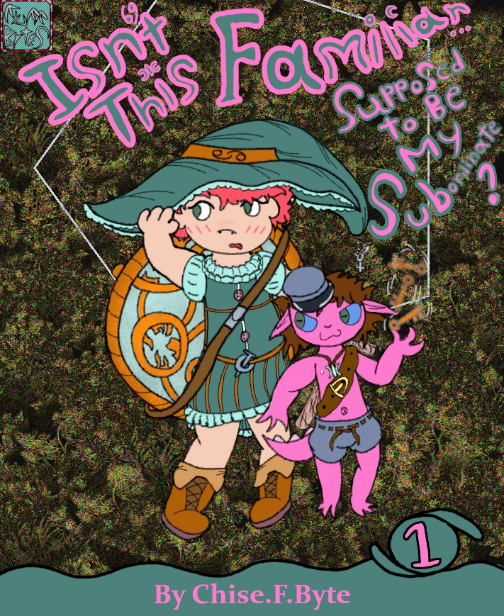 a cover of a book that doesnt exist. The title : Isn't this familiar supposed to be my subordinate? the cover shows a redheaded lolisho enby in a dark green and mint green dress and a floopy witch's hat of the same color. her outfit feels very victorian and they are  next to a goblin looking creature with pink skin wearing shorts and a human sized belt as a chest sash that holds a billyclub. the creature is tossing a key in the air smugly. the mage is avoiding eye contact and blushing. the mage has what looks like a big sundial on their back. the hat has a cancer zodiac symbol on it.