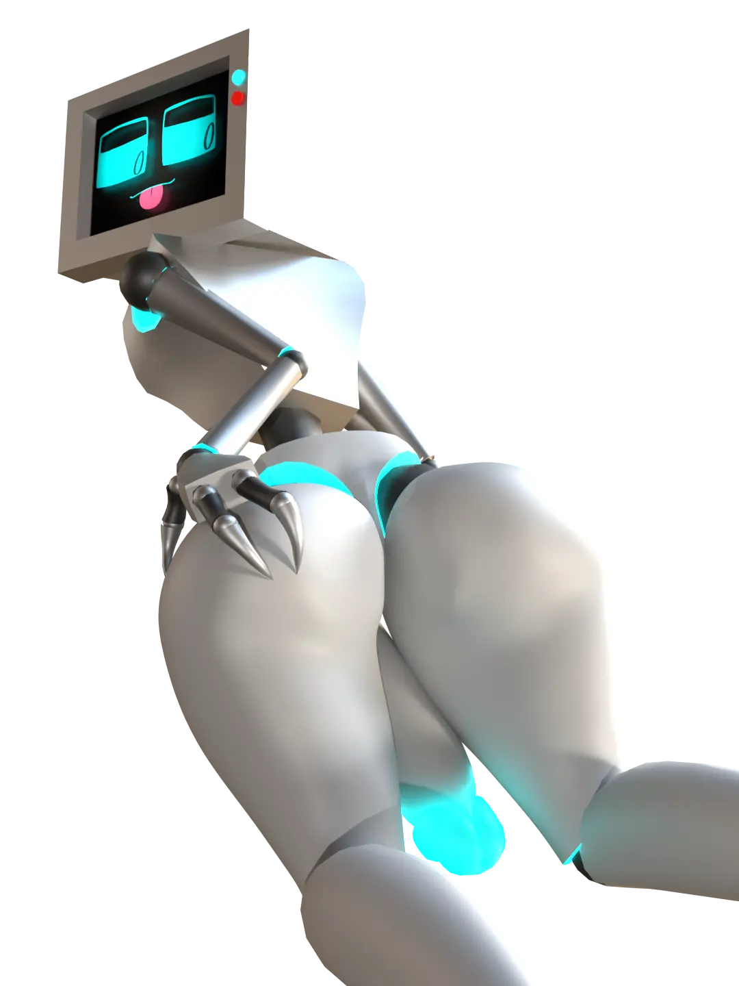 robot showing you a quite large silicone butt and thighs and now also glowing blue cock
