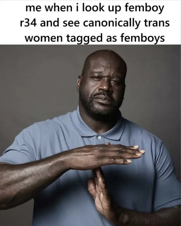 “me when i look up femboy r34 and see canonically trans women tagged as femboys” *Shaq doing the time-out gesture*