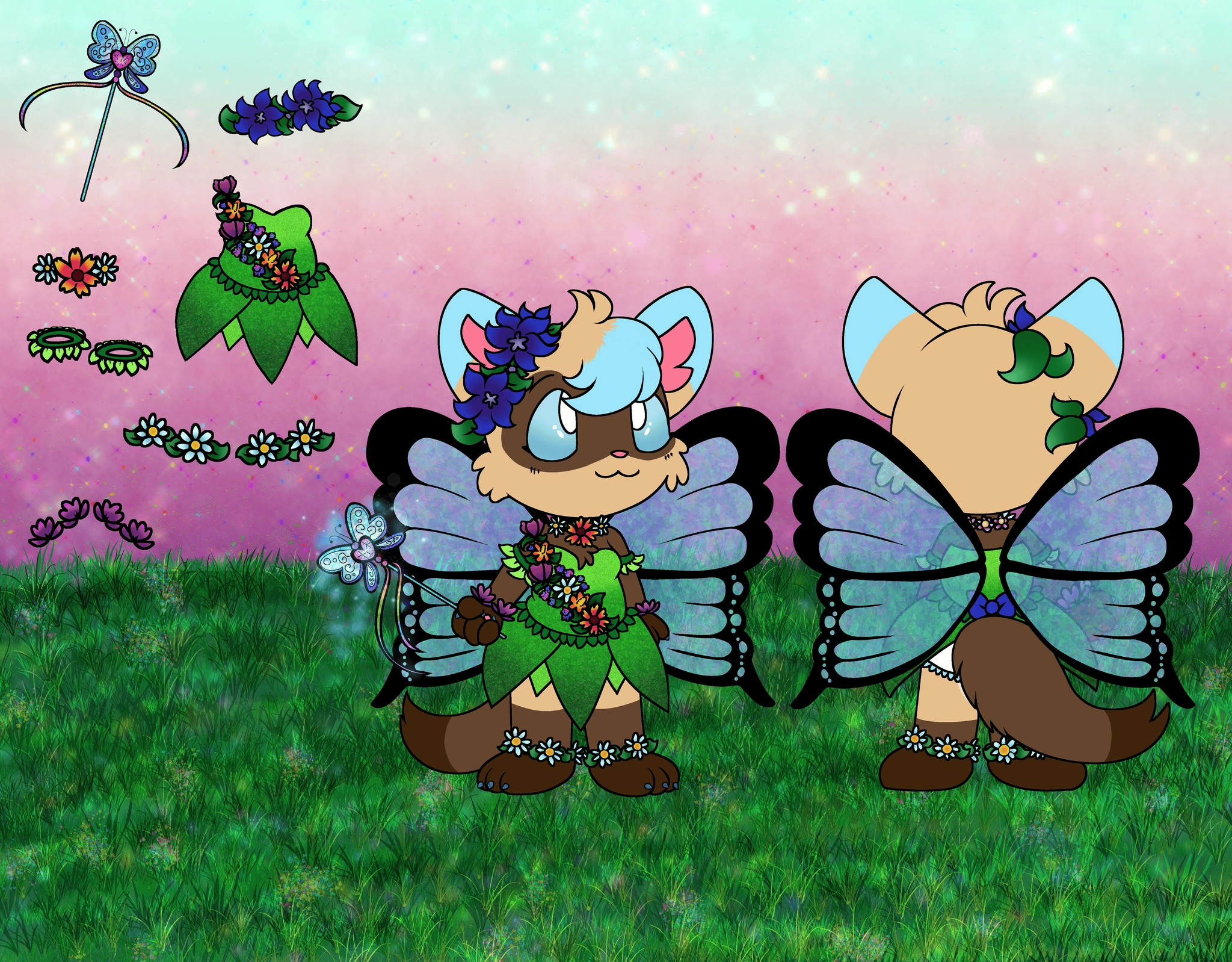 An illustrated reference sheet of a toddler aged anthro ferret critter going by the name Slyther.  It features a facing and back-facing illustration with the character dressed down in a green fairy dress, adorned with flowery accesories and splayed out swallowtail buttery faerie wings.  The character has fully blue eyes with white pupils and blue highlights on his ear nubs and bangs. The rest of his fur is shades of brown with lighter browns running along his insides.