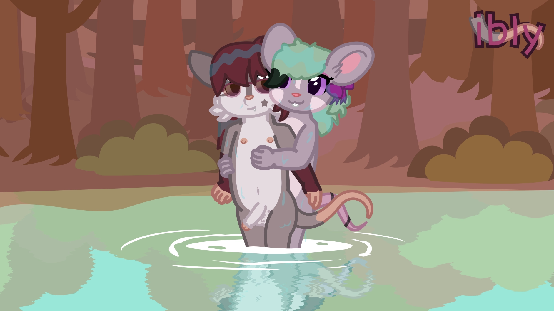 a possum and a mouse are in a lake, with the mouse plapping the possum from behind. the background is full of trees and bushes