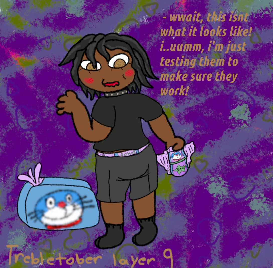 Rue ,the black loli from angel chain, holding a Doreomon a pullup. theres also a pullup peaking over the waistline of her shorts. its just enough you can actually read the pullup text on it. Rue is looking back at the viewer (likely her sister) with blushing cheeks saying "wwait,this isnt what it looks like! i...umm,i'm just testing them to make sure they work!"