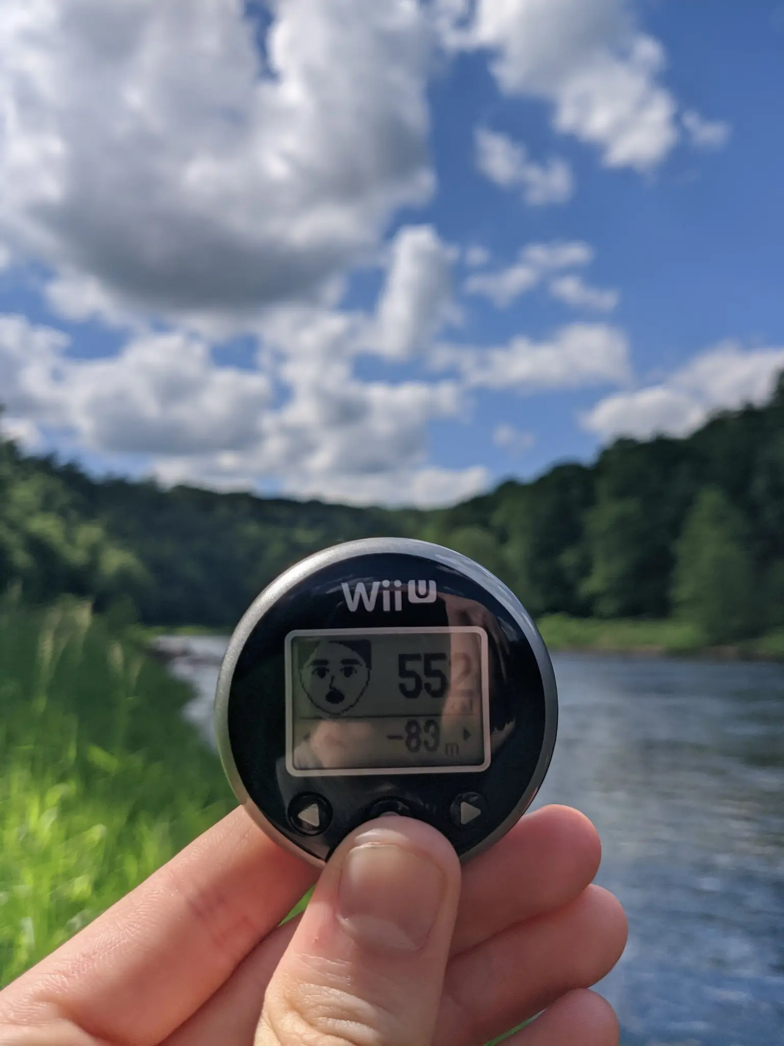 Pre-transition me’s hand holding a Wii U fitness tracker in the middle of a big-ass river 