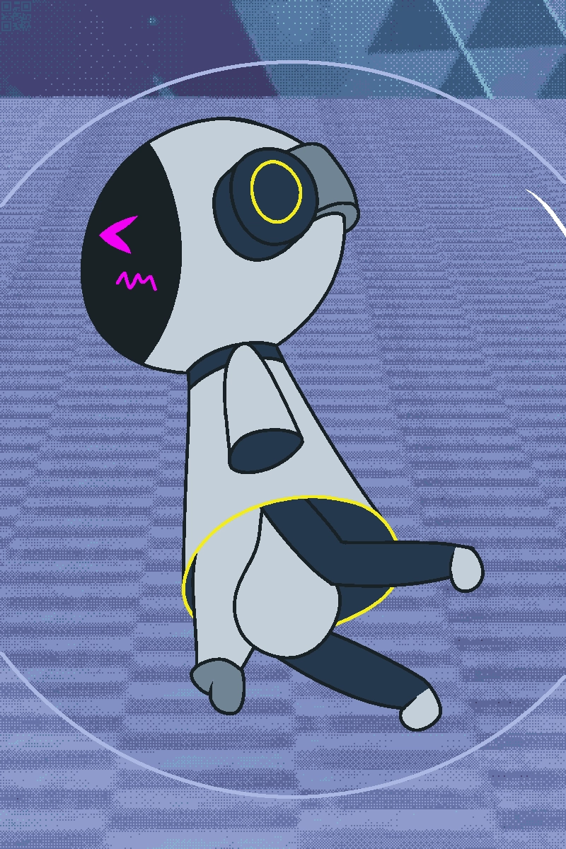 Orbit from Ballygon (little astronaut lookin robot dude) looking quite embarrased with a large penis exposed, probably about to fall over too