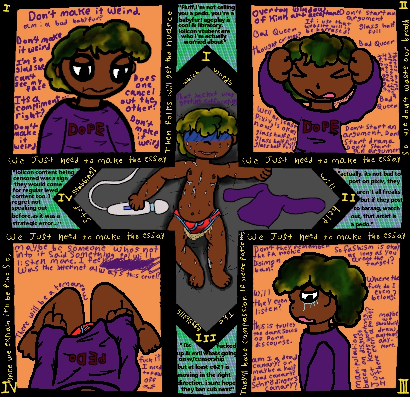 a five panel comic. four square panels positioned on the corners of the image. the fifth panel,in the shape of a diamond is dead center in the middle of the page. the boarder of the panels are thick black lines. which make distinct boundires between each shape. inbetween the corner pannels there is space that have been used as text boxes.the text boxes have a effect on them making them look like they might be being read on a computer screen or even a crt. the boxes are also positioned adjacent to the corners of the diamond shaped panel. the panels in the corners as well as the text boxes are labeled so the reader can understand which words are being reflected upon in each panel.
the comic depict a black trans enby in a purple sweater with the word dope on the front. their hair is poofy and is a mix or green,black and blond. the first panel shows Fluff looking sad with a poutful expression. they are reading the first text box which reads: "Fluff, i'm not calling you a pedo. you're a babyfur! ageplay is cool and libratory. lolicon vtubers are who i'm actually worried about"
there are words filling up the empty space of all the panels representing fluff's thoughts. thoughts in the first panel: "am i a bad babyfur? don't make it weird.i'm glad she can't see my face. its a compliment...right? does one cancel the other out?" some sentences repeat.

second pannel depicts fluff grabbing at their head with eyes closed. visibly shaken. 
second text box: "actually, its not bad to post on pixiv,they aren't all freaks. but if they post to baraag,watch out. that artist is a pedo"
fluff thoughts in second pannel: "dont start an argument, glass half full,dont start drama, bad queer, overton window of kink acceptance.thought crimes? if i use that website will i be harassed? there are more important issues.it stupid to think about.well at least pixiv is okay now?"

3rd panel depicts fluff from a side view looking sad, with tears rolling down their face.
3rd text box: "its fucked up and evil whats going on with censorship but at least e621 is moving in the right direction. i hope they ban cub next"
3rd panel fluff thoughts: "will they even listen? dont they remember the fa rookie digimon ban? where the fuck do i even belong. so fashisim is okay as long as you aren't targeted maybe we shouldnt draw anything enymore. manipulation based on disgust just keeps working. is there even a point? this is truly the dark souls of discourse. am i a dead canary,a half dead canary? schrodinger's canary?"

fourth panel depicts a first person view of fluff looking down at themself. they are kneeling. they are only wearing the sweater and some red and blue seamed briefs. the text reading dope on their shirt,in their self hating delusion, has changed to read pedo.
fourth text box: "lolicon being censored was a sign they would come for regular lewd content too. i regret now speaking out before. As it was a strategic error..."
fourth fluff thoughts: "maybe because someone who's not into it said something people will listen more.was the internet always this cruel? there will be a tomarrow. fuck it, i need to paw off" there is also a thought that starts with i feel but the rest is scratched out

the fifth panel in the center depicts fluff, having removed their shirt, sweating and laid out in bed, a magic wand vibrator still in hand, a huge stain on their crotch. their eyes arent visible. but there is a blue flush of dispair on their face.
5th fluff thought: "that jacket was getting suffocating"

along the panels are words. the words along the diamond are broken up per corner, but reading them in order it says "which words will help the eggshells stop stabbing"

along the corner panels the words "we just need to make the essay" can be read. each quadrant has its own version with an extra clause.
1st panel: we just need to make the essay,then folks will get the nuance.
2nd panel: we just need to make the essay,so we dont waste our breath.
3rd panel: they'll have compassion if we're patient,we just need to make the essay.
4th panel: once we explain it'll be fine so, we just need to make the essay
