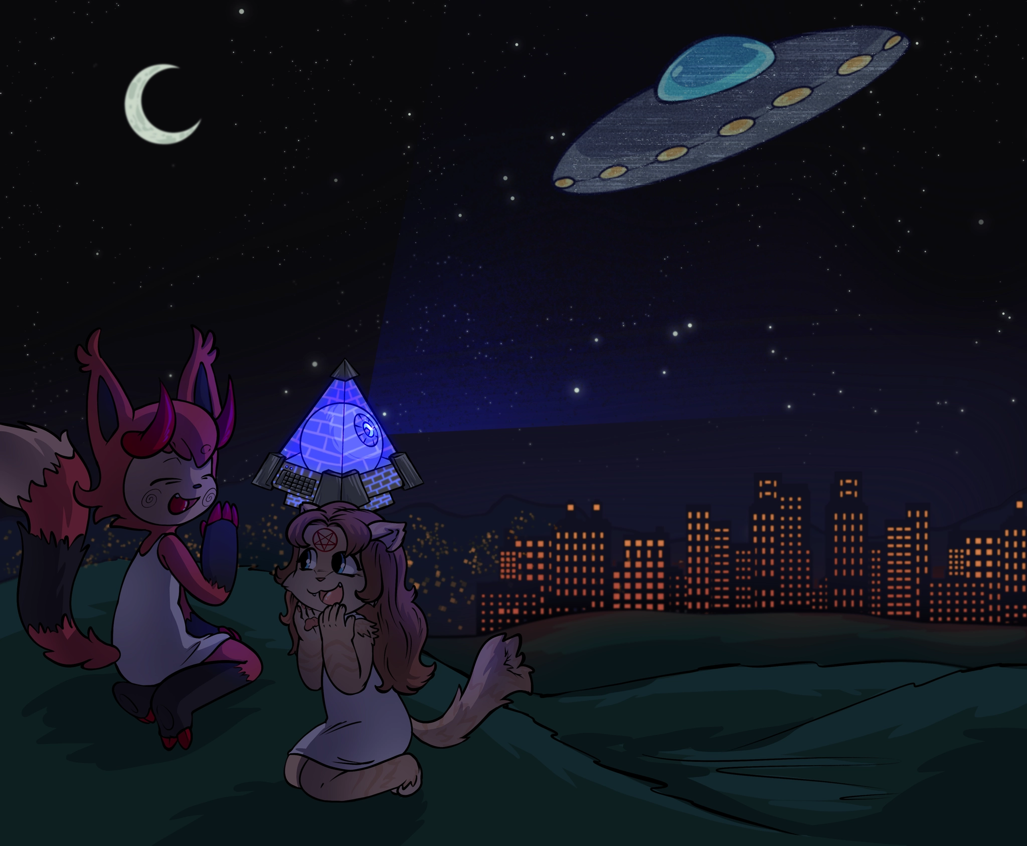 Two furries pranking a city by using Project Blue Beam technology to create a large hologram of a flying saucer.