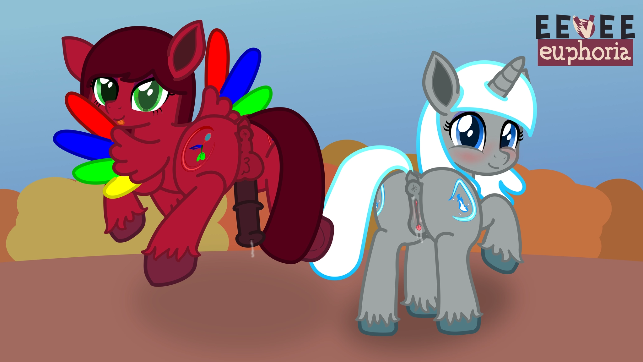 there are two ponies in this image; the one on the left is a pegasus named metro, who's flying and showing you her butt and mare cock. the one on the right is a unicorn named charms, who's also showing her butt, and pussy.