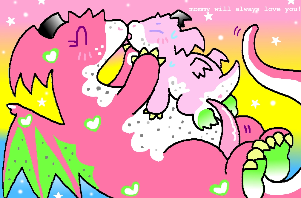 a tuxpaint drawing of two dragons behind a pink, yellow, and blue gradient. a big, dragonfruit momma dragon, with green wings & green feet holds her dragonet on top of her belly, with her penis poking her kiddo's butt. she has a closed eye expression and is kissing her dragonet deeply. her dragonet is colored similarly to their dragonfruit mom, but a much paler pink, with a more overwhelmed expression with closed eyes as their mom kisses them. to the right corner, there is white text that says "mommy will always love you!"