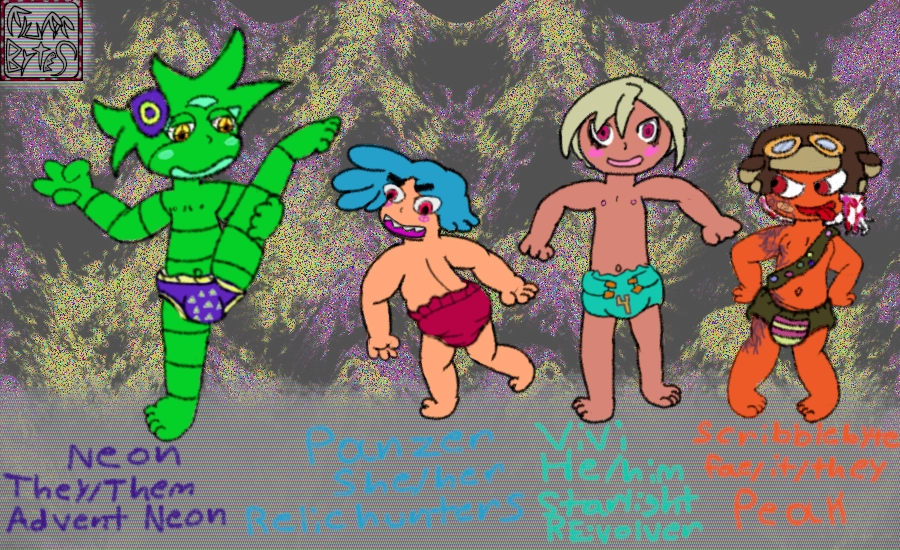 A take your pick style line up of character's from video games we played in 2025. All of them are diapered, and wearing padding that reflects the color coding of the character. From Right to left a self insert version of a camper from Peak, an anthro orange kid. next is Vivi from Starlight revolver. next to him is Panzer from Relic hunters, and last is Neon from Advent Neon. the characters all have their name,game and pronouns displayed under them. Neon They/then. Panzer She/her. Vivi he/him. And Scribblebyte (me/my sona) Fae/it/they.
the four are in various exaggerated poses. Scribble is smug, hands on hips. Wearing a camper badge sash and a aviator hat. Vivi is smiling but obviously embarrassed; arms out and to the sides. Panzer has her butt to the viewer, and is blushing with mouth open. she might be looking at her own butt or at Neon next to her. Neon has Thier leg up and is holding it in a pose showing off their flexibility; standing on one leg with the other straight up in the air and the other hand holding up a peace sign