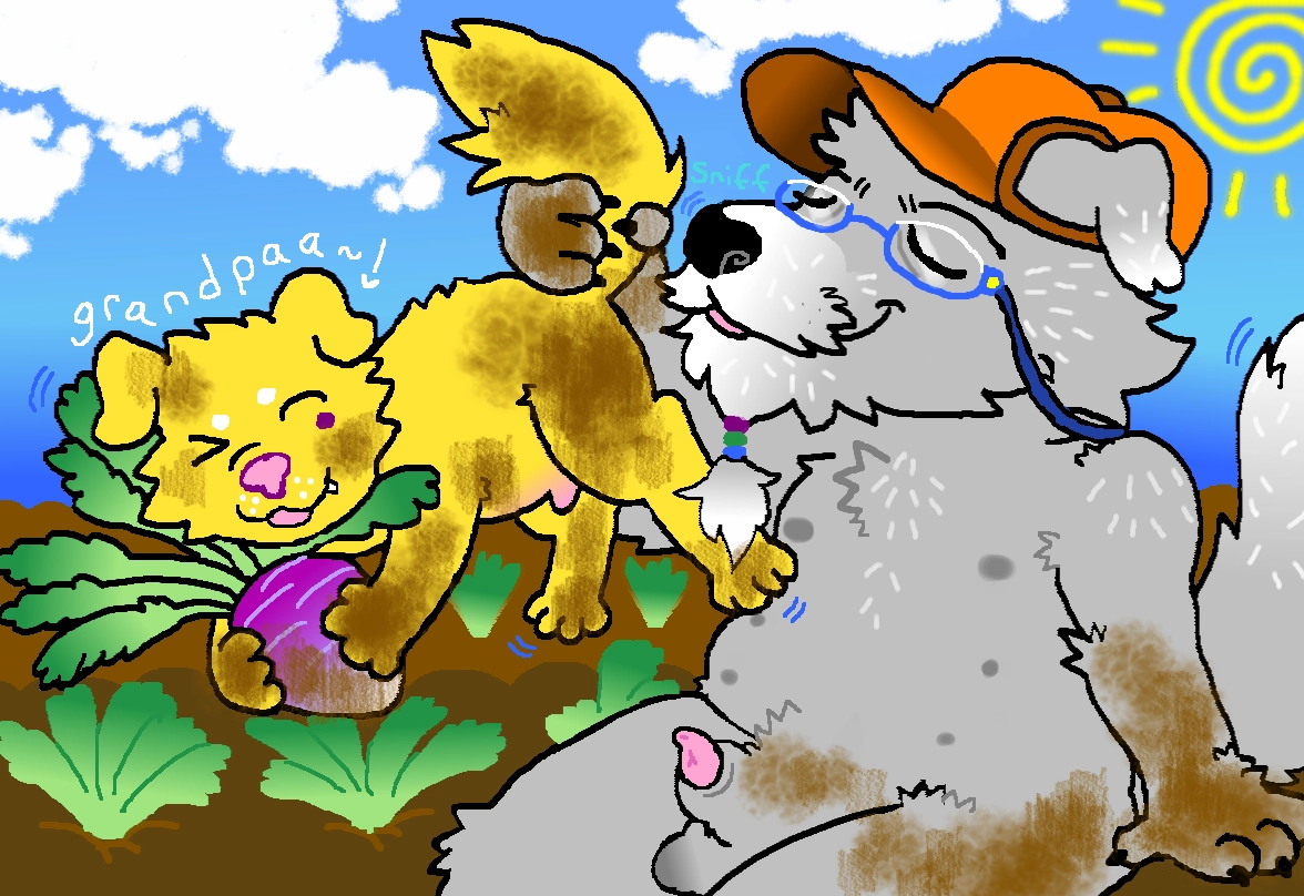 the same picture as before, but now both the grandpa dog and grandson pup are covered in dirt.