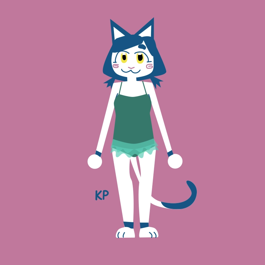 blue and white kitten in green one piece swimsuit with frilly skirts at the bottom